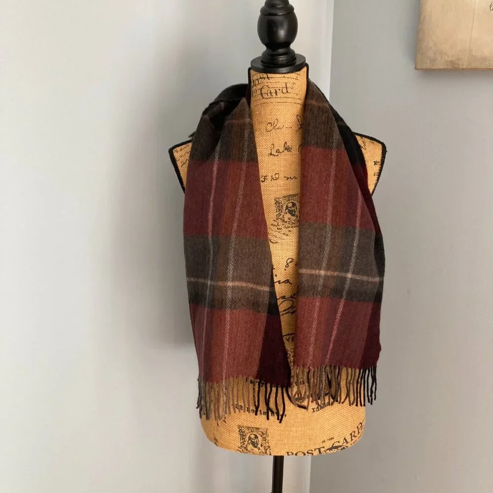 100% Cashmere Long Scarf Black Gray Maroon Plaid EUC